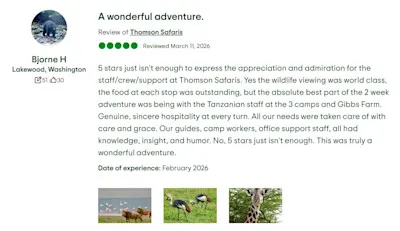 Five-star Tripadvisor review of Thomson Safaris titled "A wonderful adventure."