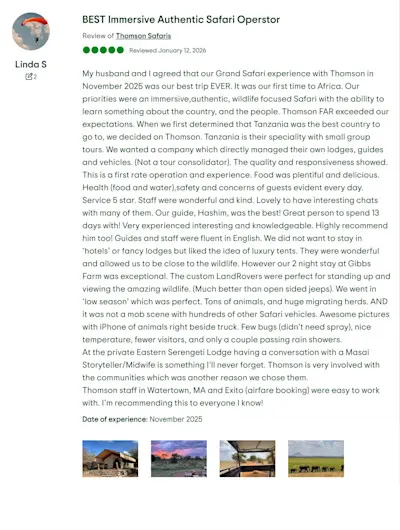 Five-star Tripadvisor review of Thomson Safaris titled "BEST Immersive Authentic Safari Operator"