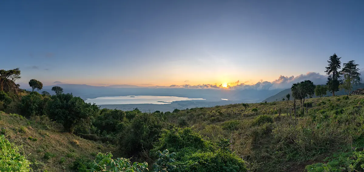 Sunset over Ngorongoro Crater seen from the forested rim