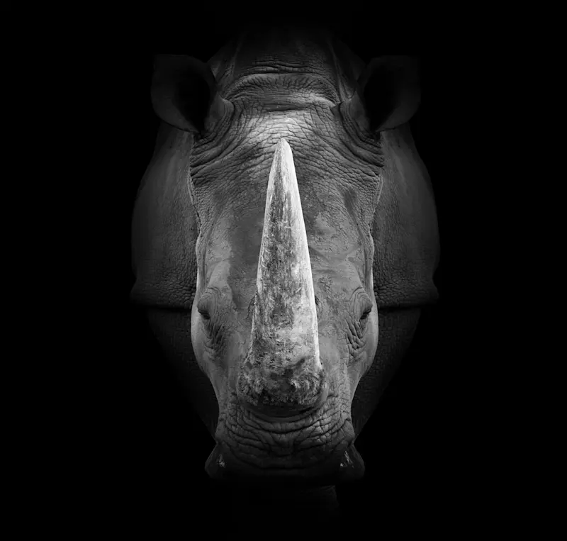 Black-and-white close-up of a white rhino's face and horn against a black background