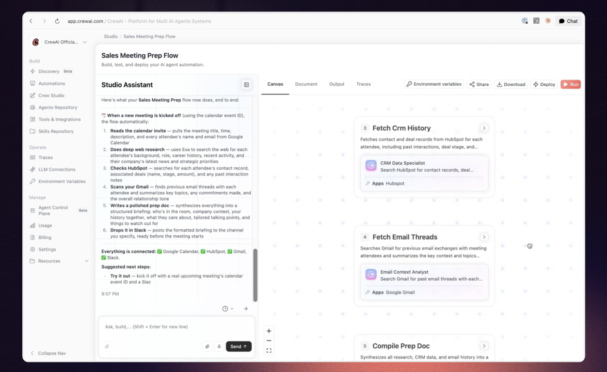 CrewAI Enterprise Studio interface displaying multi-agent Python orchestration flow canvas