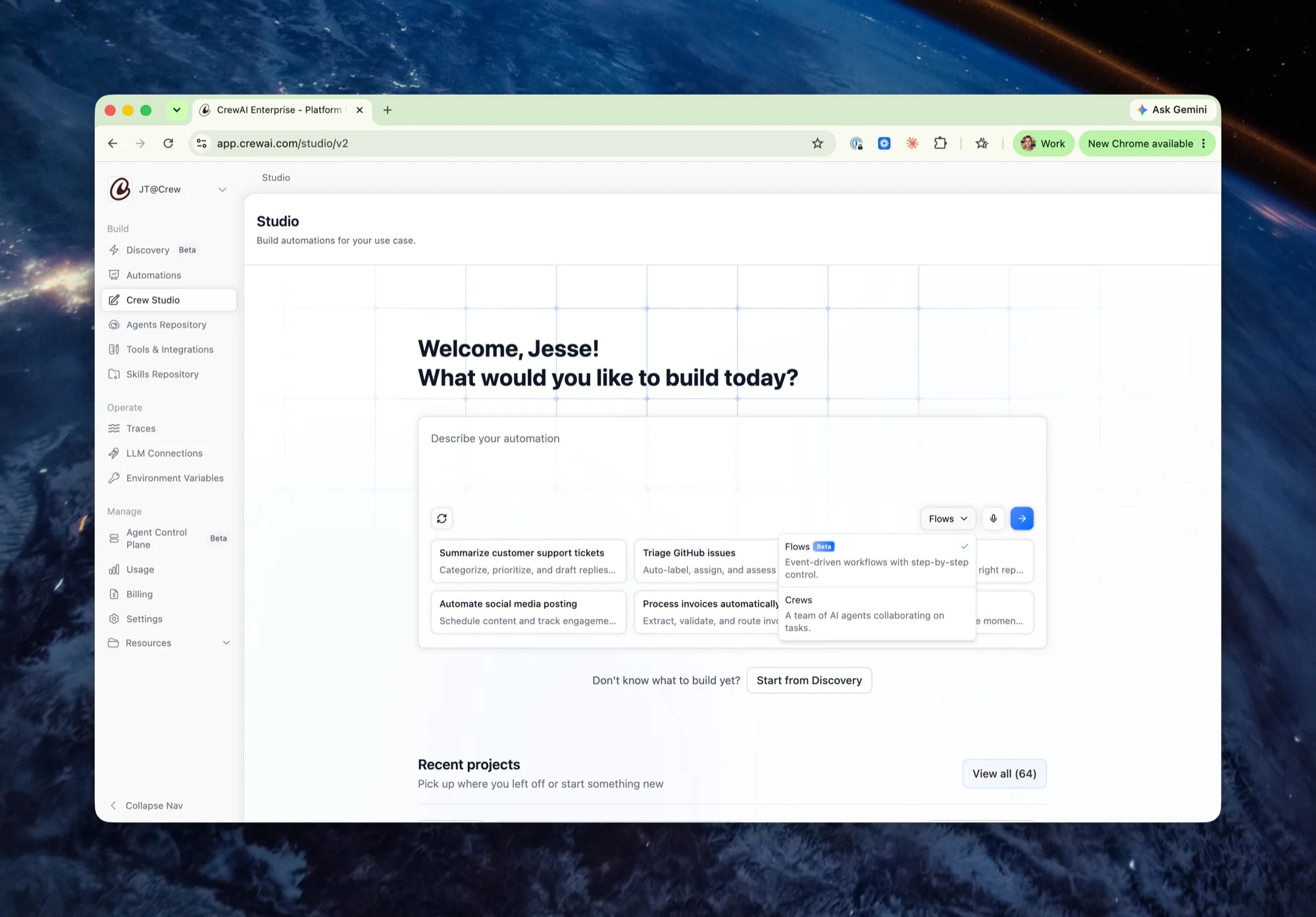 CrewAI Studio interface for choosing and building Agent workflows