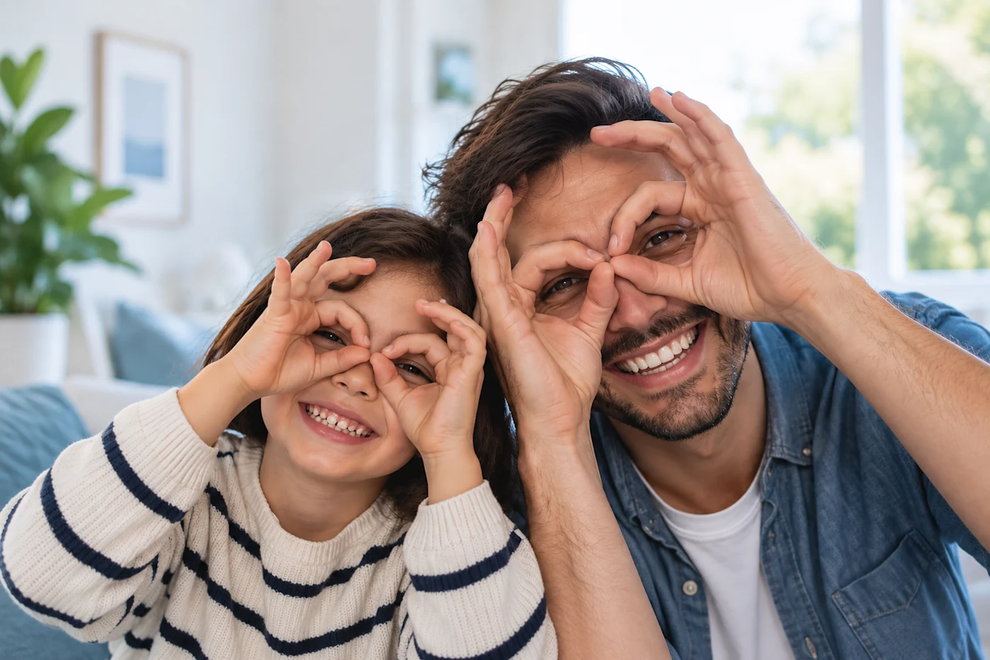 Padre e hija jugando y formando binoculares con sus manos