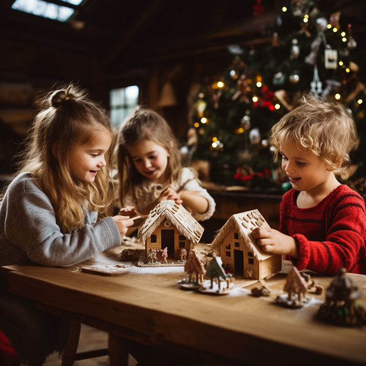 Children decorating a nativity scene at Christmas