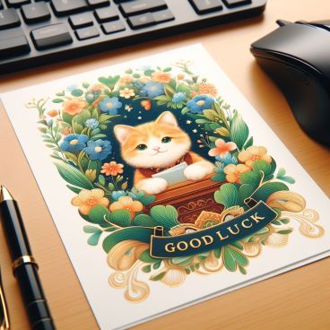 A good luck card resting on an office desk