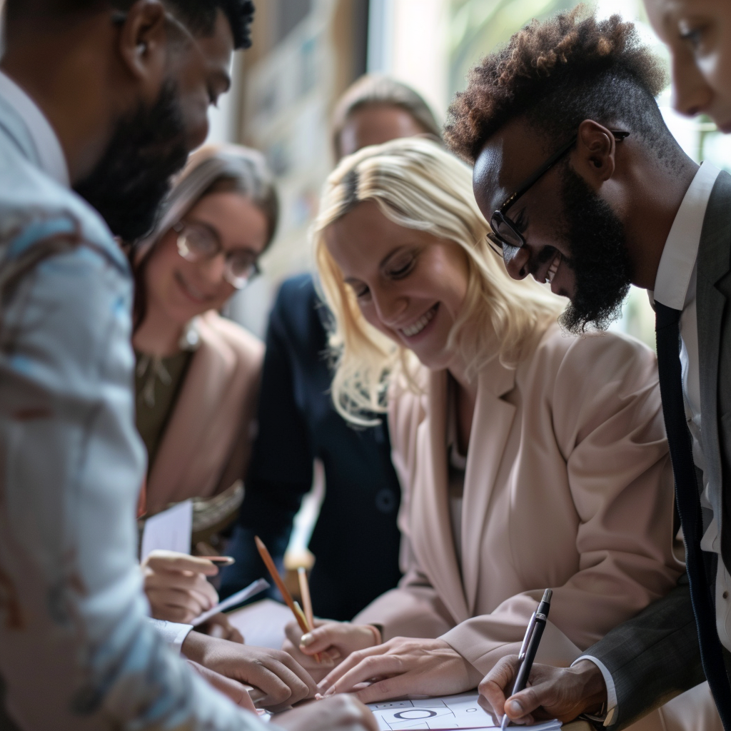 A group of diverse office employees writing in a farewell card for a colleague