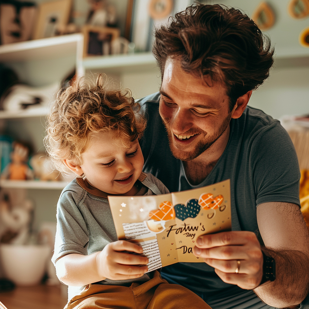 Photograph of a young father opening a father's Day card, with a smile on his face
