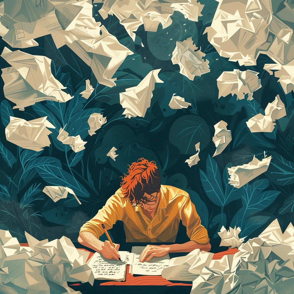 A witty illustration of a person struggling to write a farewell card, surrounded by crumpled paper.