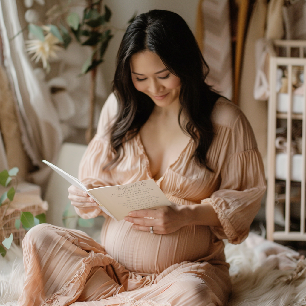 Photograph of a mother reading a heartfelt card, surrounded by baby essentials, capturing the joy and anticipation of maternity leave