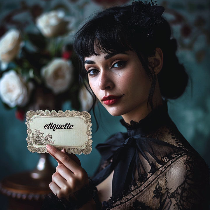 Woman holding a card with the word etiquette on it