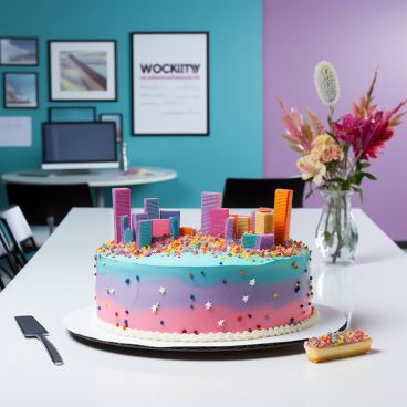Colorful office leaving cake