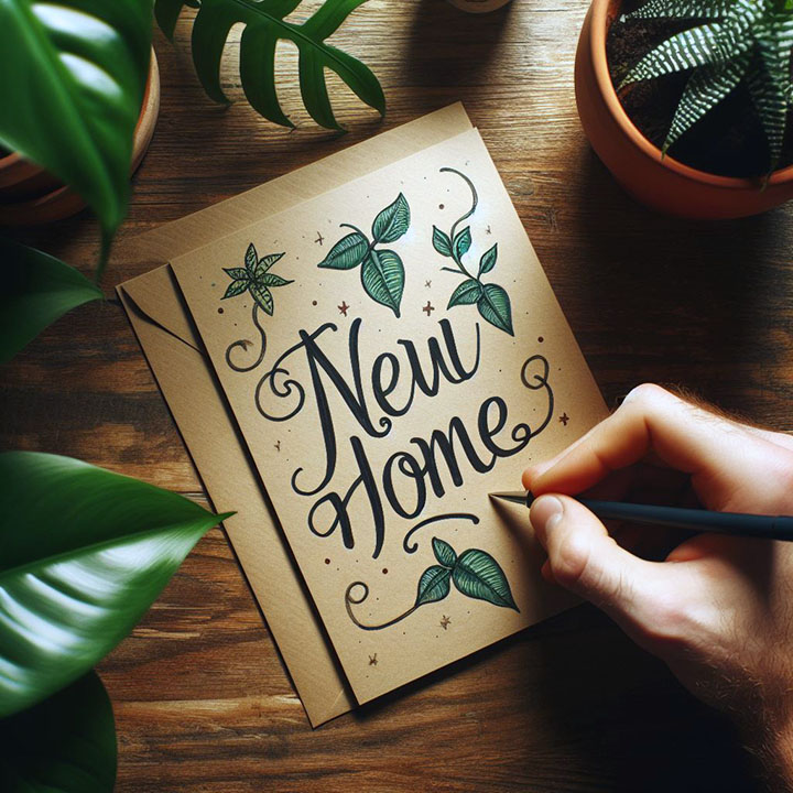 Photograph of a hand-written New Home card on a wooden surface surrounded by houseplant leaves