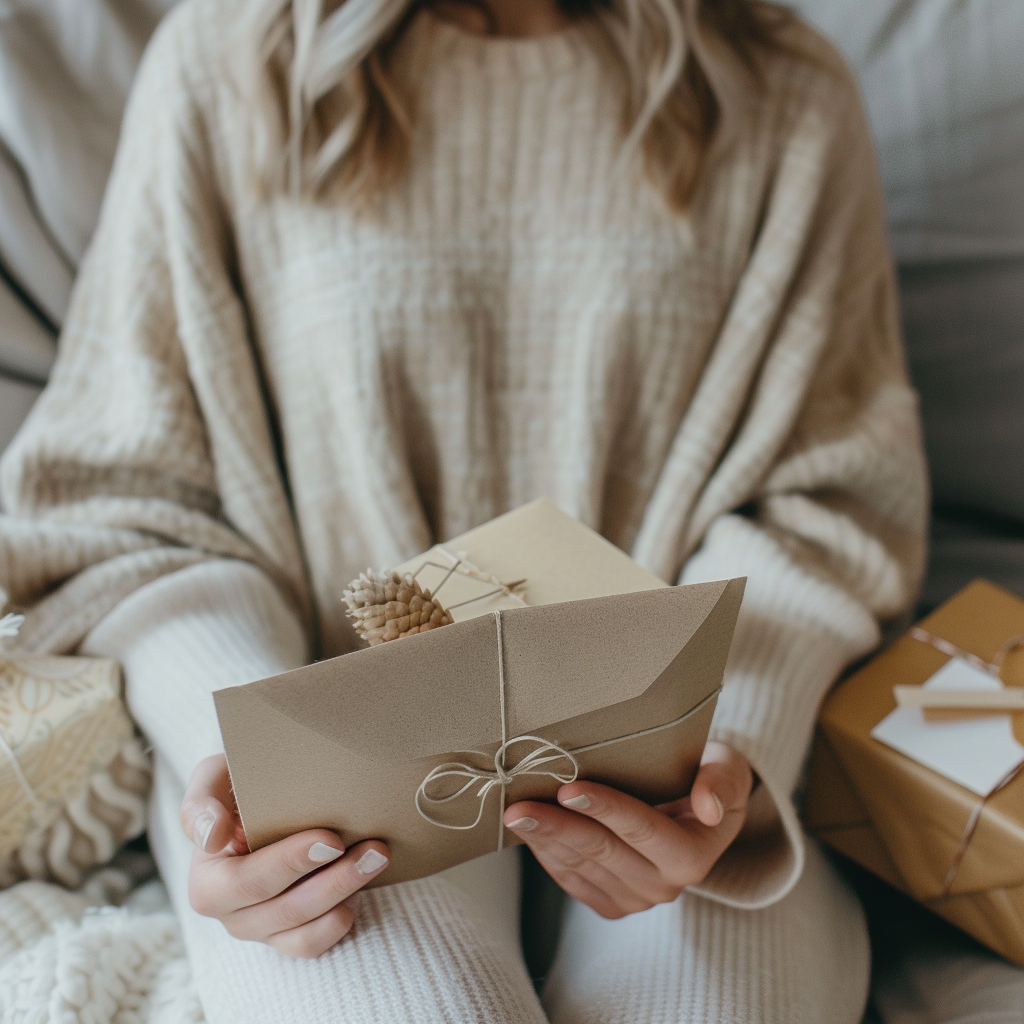 An open greeting card with a personal message and a wrapped gift