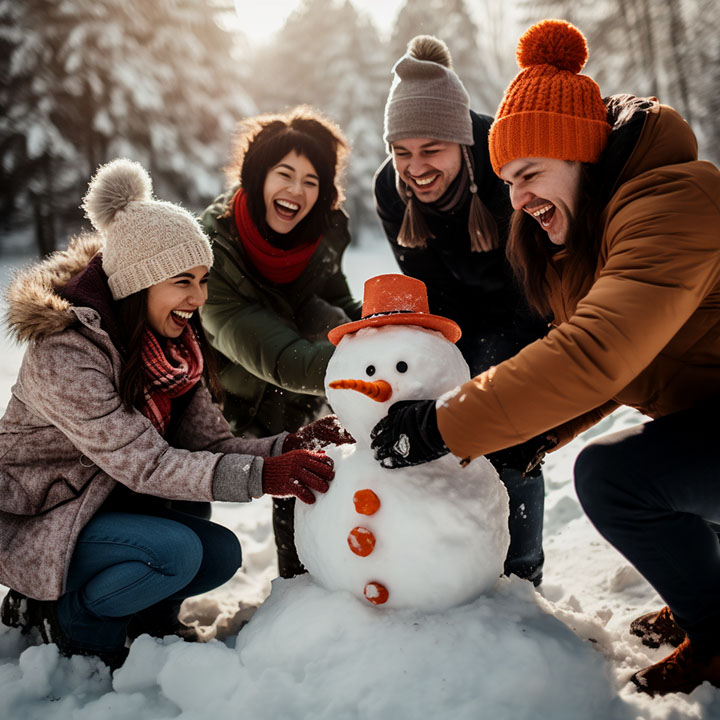 Photograph of a group of friends building a snowman on a snowy field, laughing together as they place a carrot for the nose