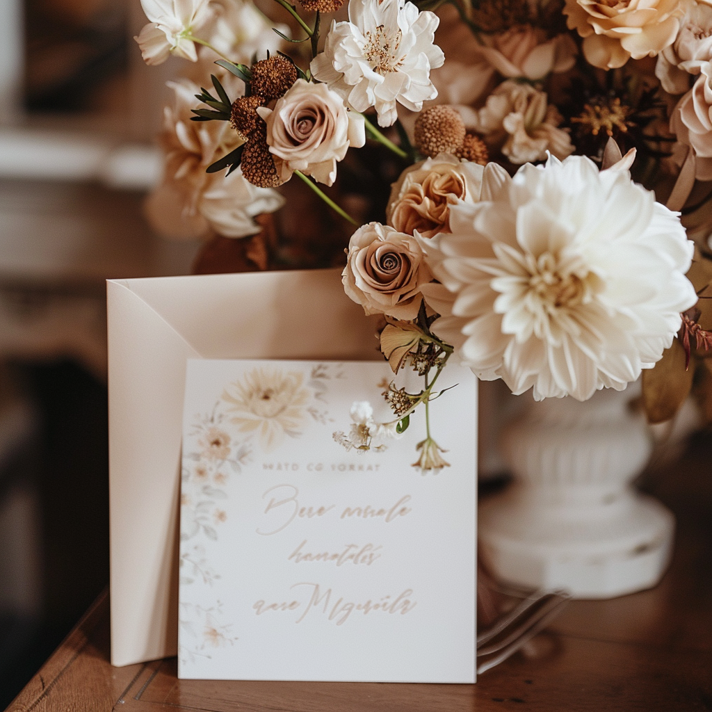 Photograph of a beautifully handwritten wedding card on elegant stationery, positioned next to a bouquet of soft-colored flowers 