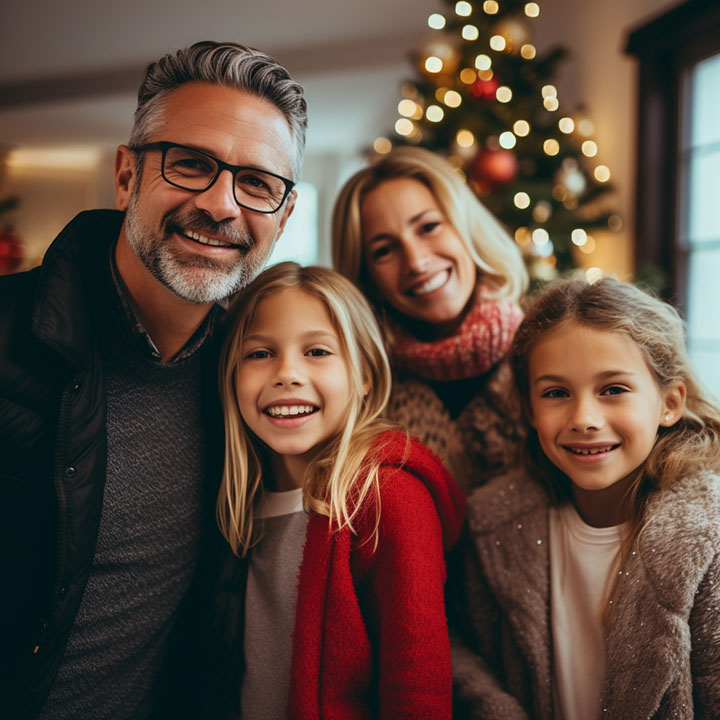 Family standing in front of a Christmas tree
