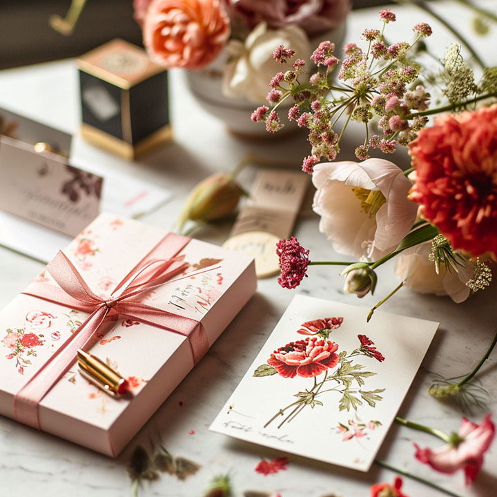 A personalized thank-you card paired with thoughtful keepsakes.