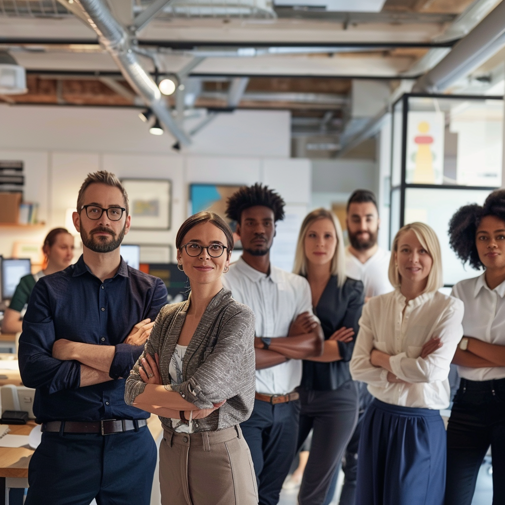 Compassionate office scene co-workers standing in solidarity