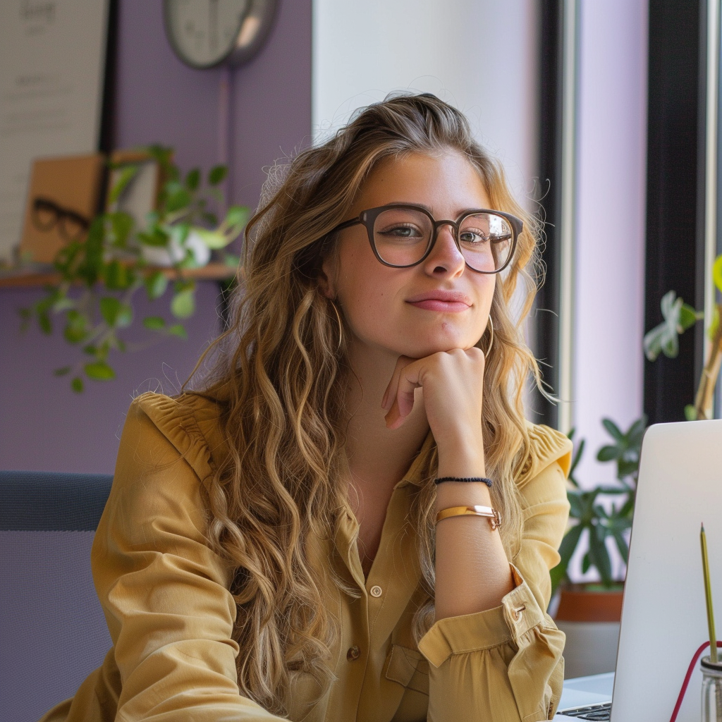 Trendy young woman in an office starting a new job