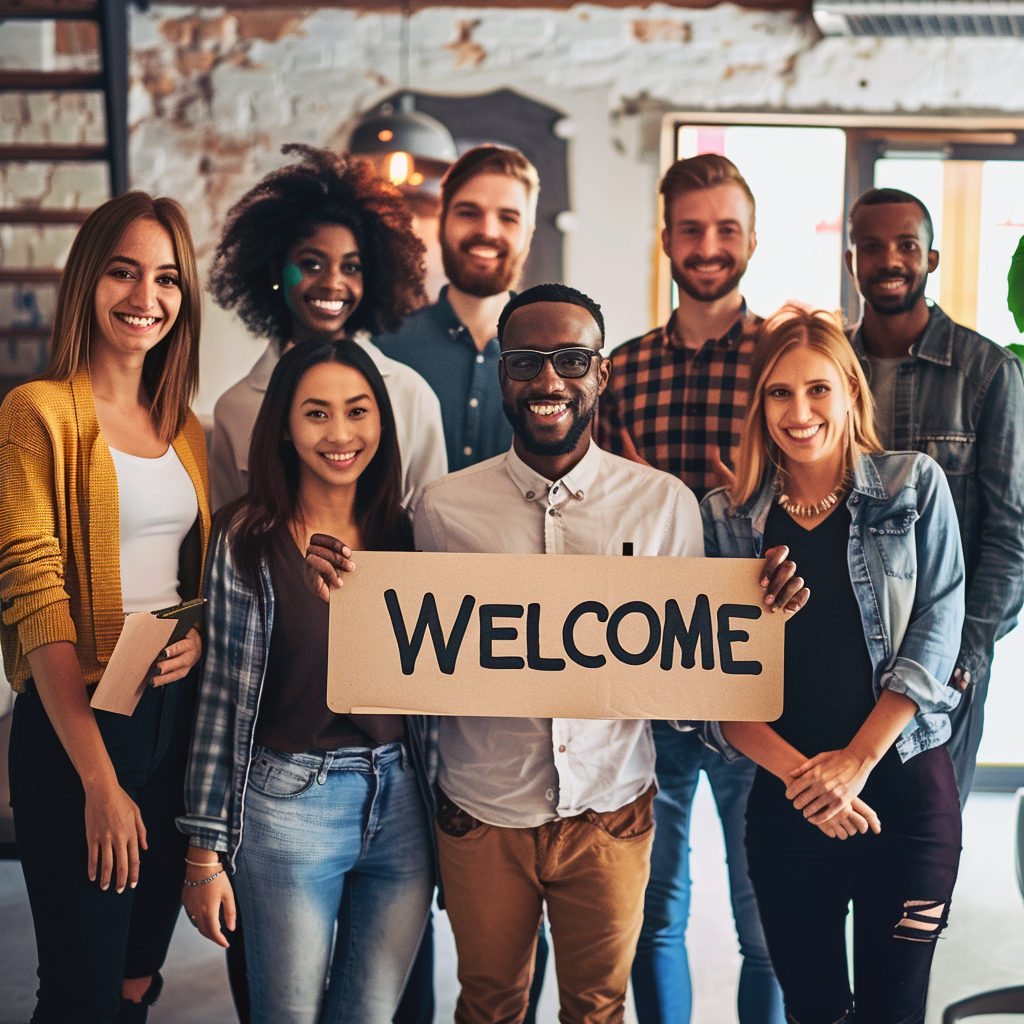 A diverse group of trendy office workers standing together in a circle, smiling and holding a welcome sign