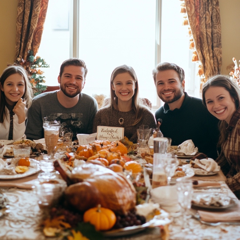 Happy family at Thanksgiving Turkey Dinner