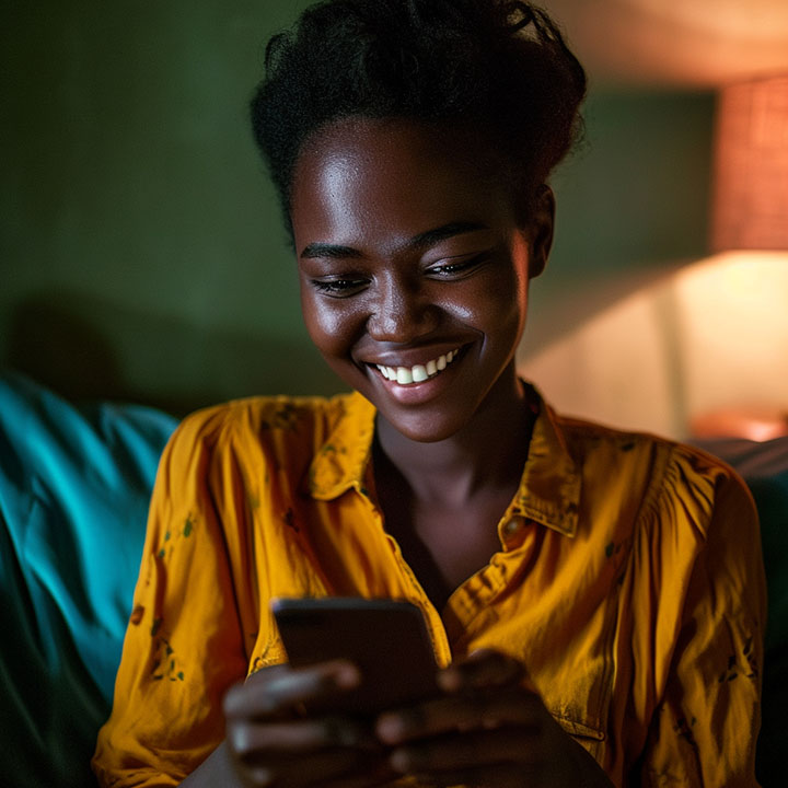 Person smiling while reading an online greeting card on their mobile device