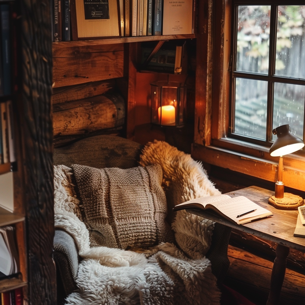 Photograph of a cozy writing nook with a sympathy card in progress, suggesting warmth and personal touch
