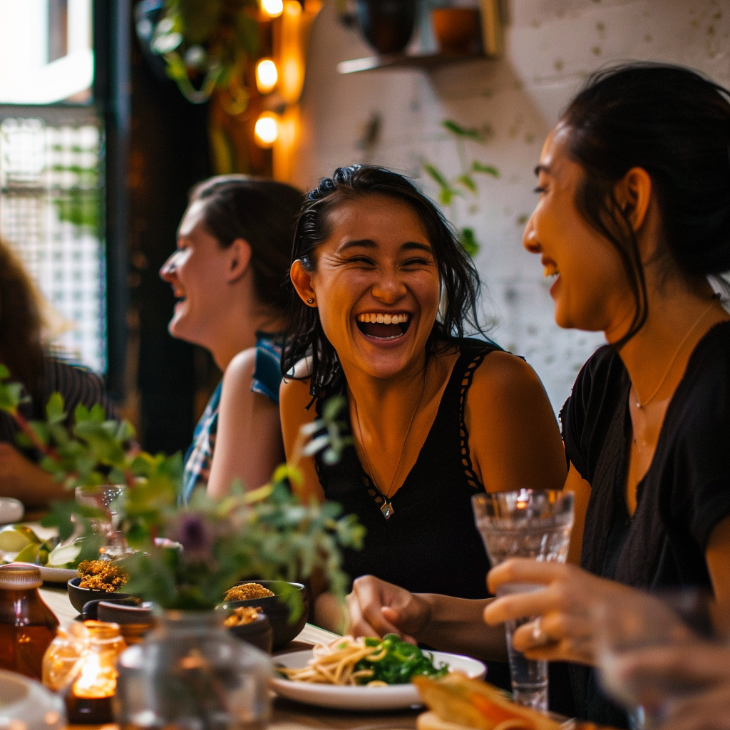 A team laughing together at a casual meal
