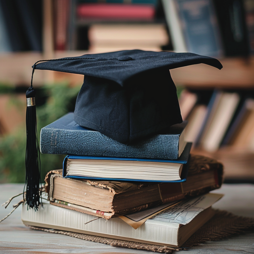 Graduation cap on a stack of books with a card leaning against them
