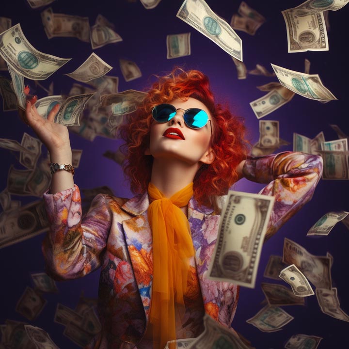 Woman raining money - save money with group greeting cards