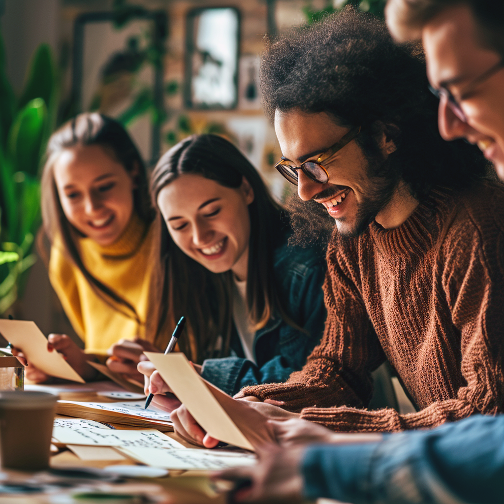 A group of happy people writing greeting cards together