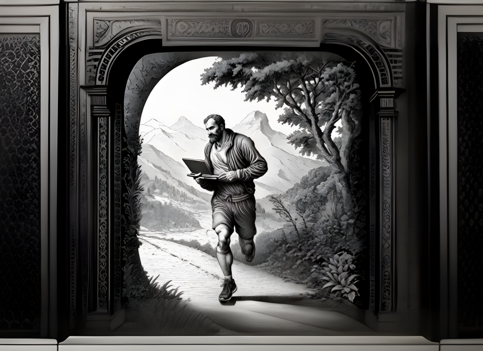 A painting of a man running in nature with a laptop.