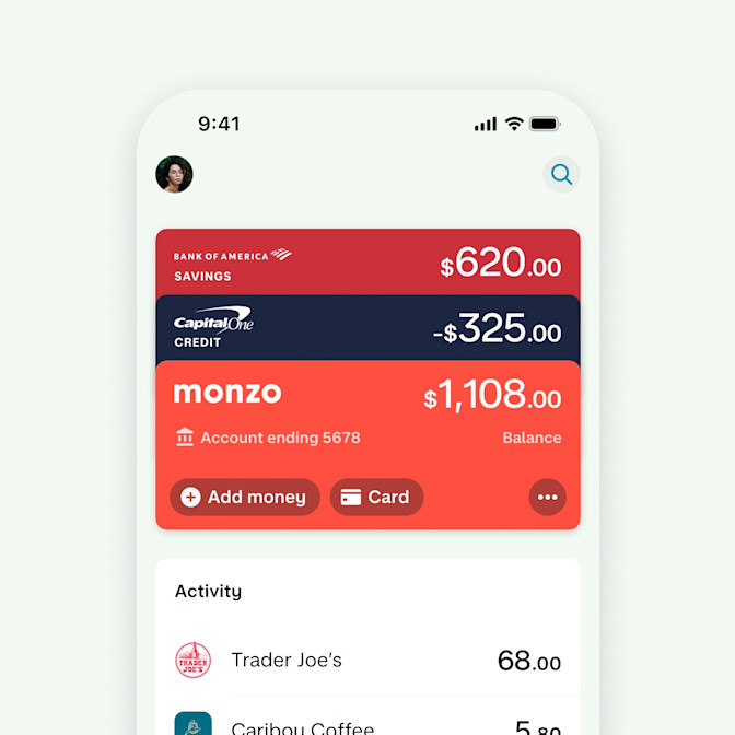 A screenshot of the Monzo app showing a stack of cards. The top card is Bank of America savings, the middle card is a Capital One credit card, and bottom card is Monzo. There are a few transactions in the activity feed below.