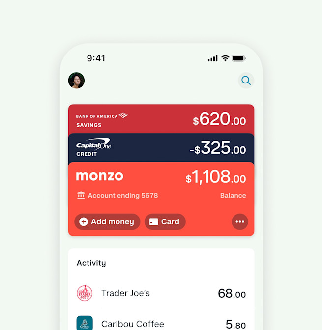 A screenshot of the Monzo app showing a stack of cards. The top card is Bank of America savings, the middle card is a Capital One credit card, and bottom card is Monzo. There are a few transactions in the activity feed below.