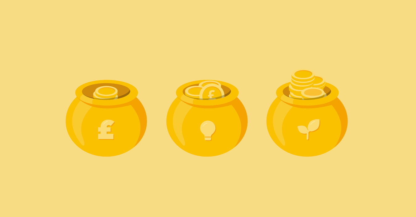 An illustration of three pots, one showing spending, another showing bills and a third showing savings.