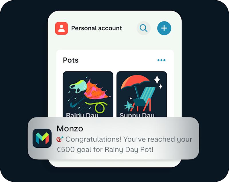 An image showing the Pots UI, with a notification showing that the customer has reached their €500 goal. 