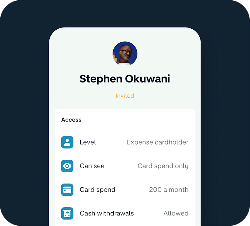 Profile screen for Stephen Okuwani showing Invited status with Expense cardholder access, card spend only visibility, 200 a month limit, and cash withdrawals allowed.