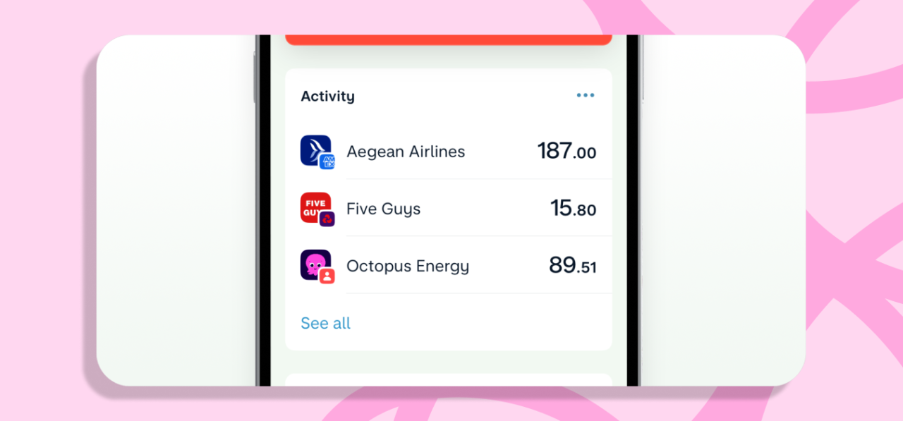 Screenshot of the feed with three items paid from different accounts. The first is an airline transaction with an American Express badge. The second is a fast food transaction with a NatWest badge. The third is an energy bill transaction with a Monzo personal account badge.