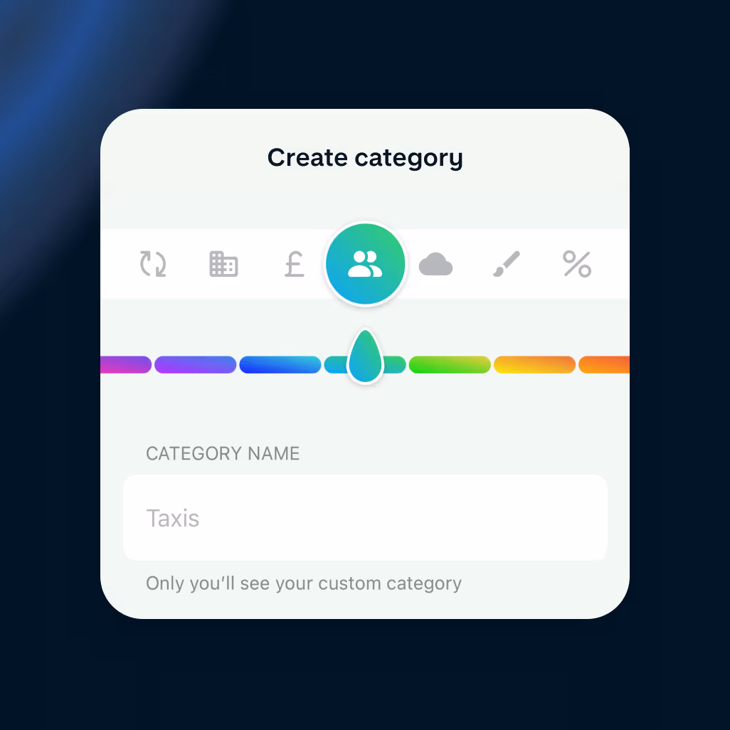 A screen from the Monzo app for creating a custom category. The header reads "Create category." Below is a row of icons: refresh, calendar, pound sterling, people, cloud, paintbrush, and percentage, with the people icon highlighted inside a teal circle, showing this has been selected. The bottom section has a text box to input a category name.