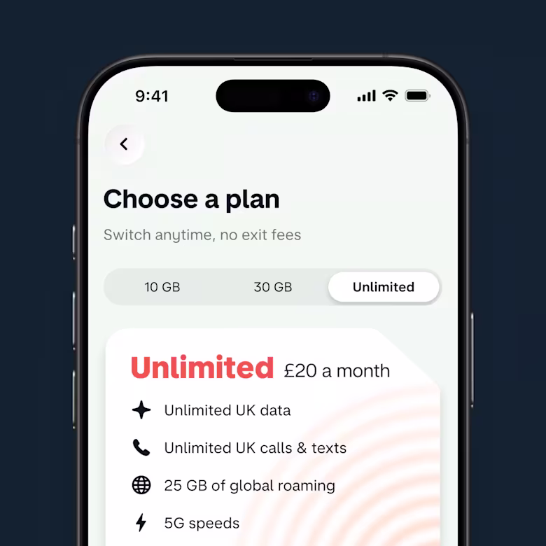A phone screen shows three plan options - 10GB, 30GB and Unlimited data plan options.
