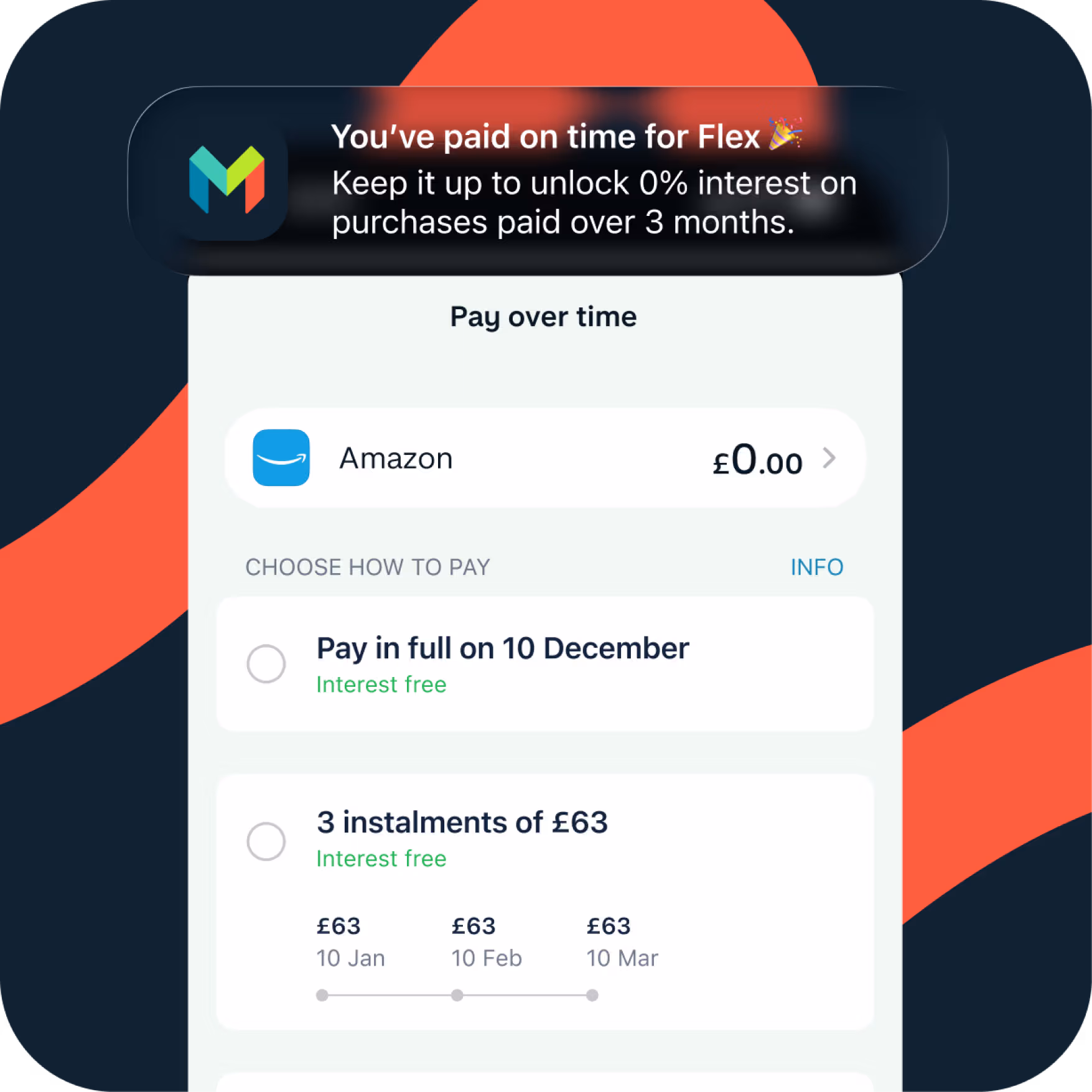 An app screen shows an on time payment being made with a timeline of two more payments to be made to unlock an interest free offer