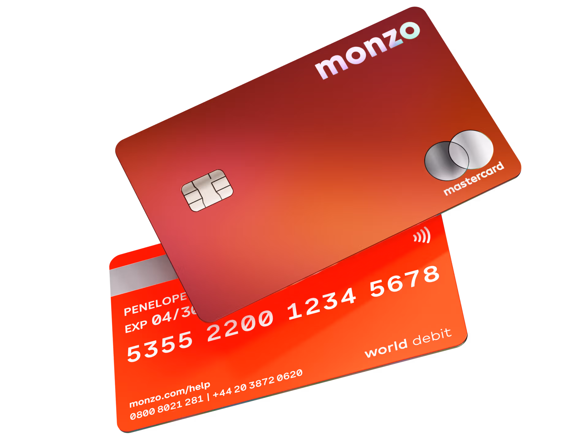 A Monzo Max debit card, with a burnt coral irridescent cover and orginal hot coral back. The Max card also has a holographic Monzo logo and premium metal mastercard logo.