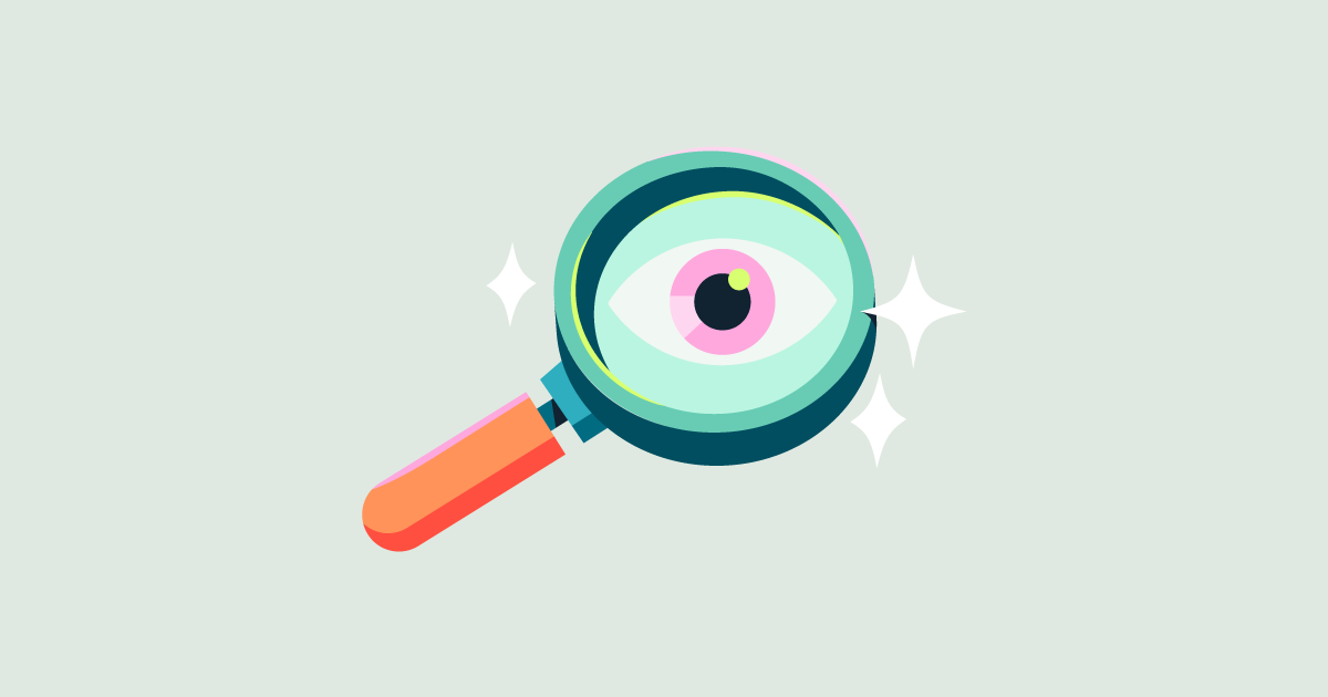 A colourful cartoon image of a magnifying glass with an orange handle and a turquoise rim with three white stars round the edges. The magnifying glass is looking over an eye with a pink iris. 
