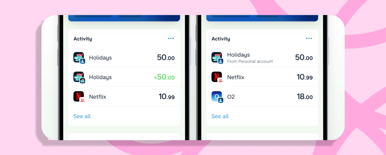 Screenshot of two feeds side-by-side, the first without deduping and the second with deduping. Without deduping a transfer from a personal account to a pot named "Holidays" is two items. With deduping, it's only a single item titled "Holidays" and subtitled "From Personal account".