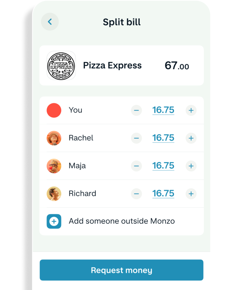 Product UI of friends splitting a bill at Pizza Express