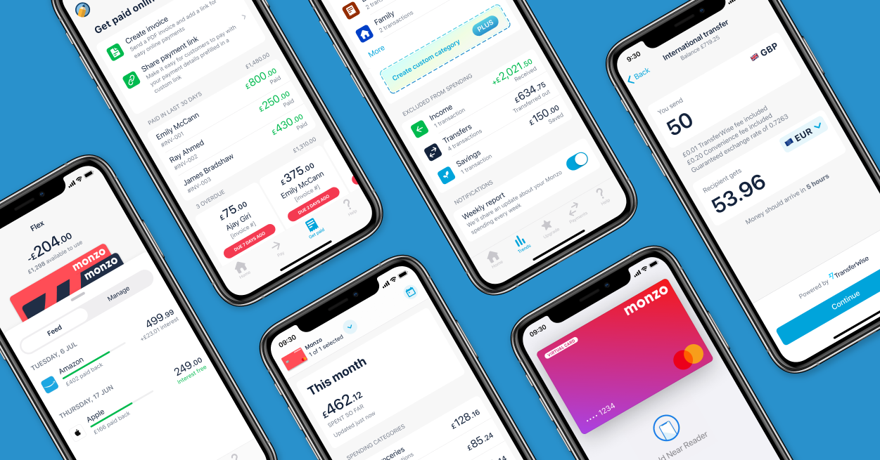 Six phone screens, each showing a new Monzo feature: Monzo Flex, get paid for businesses, Trends, Pay on card from a Pot and cashback on international transfers