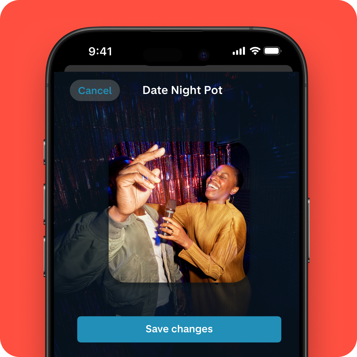 Picture of a couple doing karaoke added as their Date Night Pot image