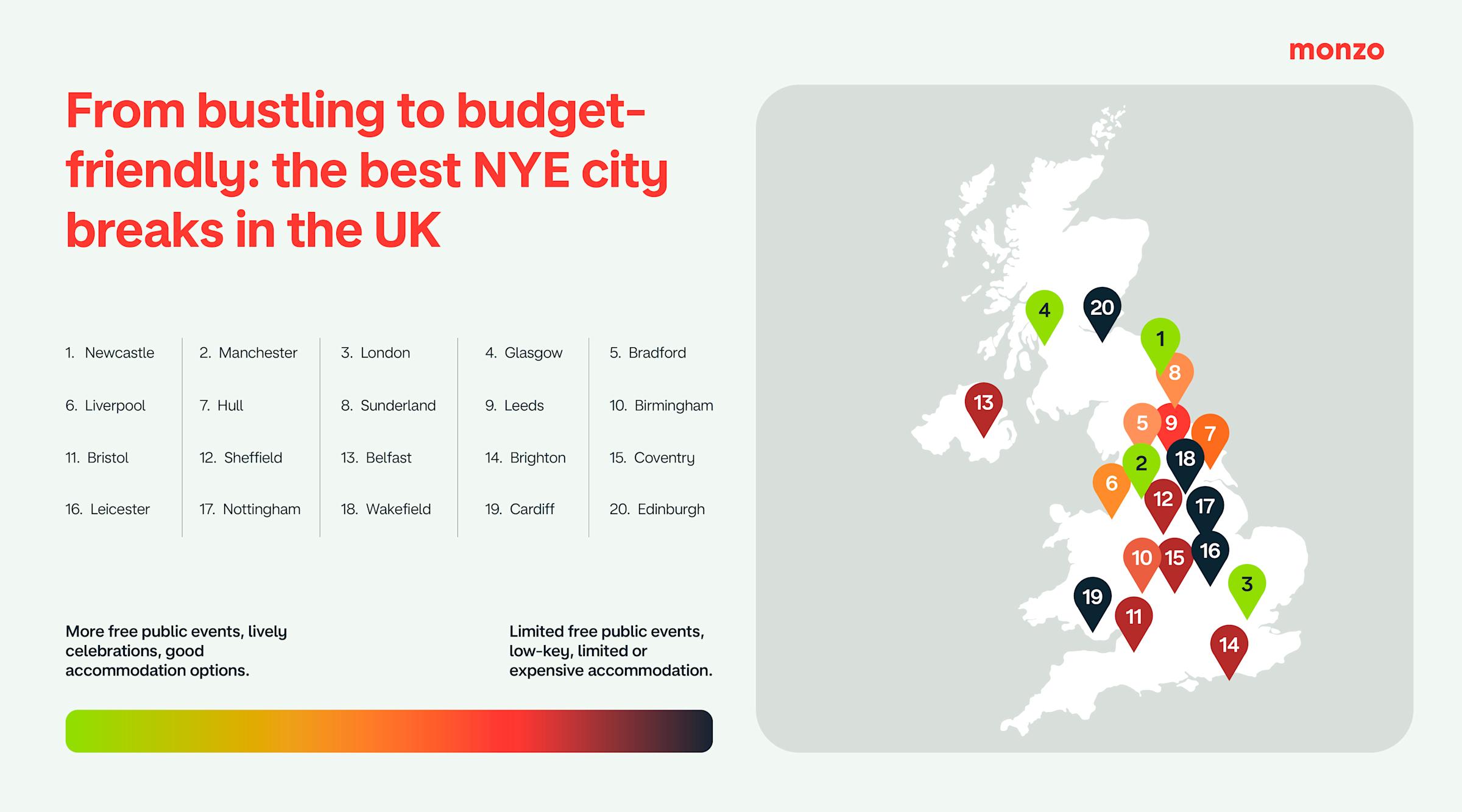 Map of the UK showing the best value city breaks for new years eve