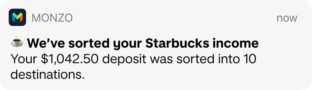 Monzo app push notification says "We've sorted your Starbucks income. Your $1,042.50 deposit was sorted into 10 destinations."
