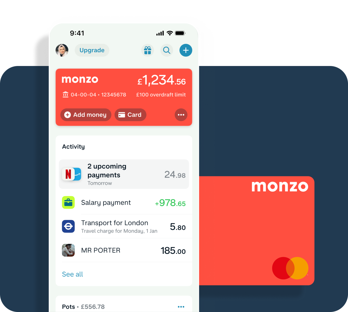 Overview screen of a Monzo user, showing a current balance of £1,234.56. Next to the screen is a hot coral Monzo card.